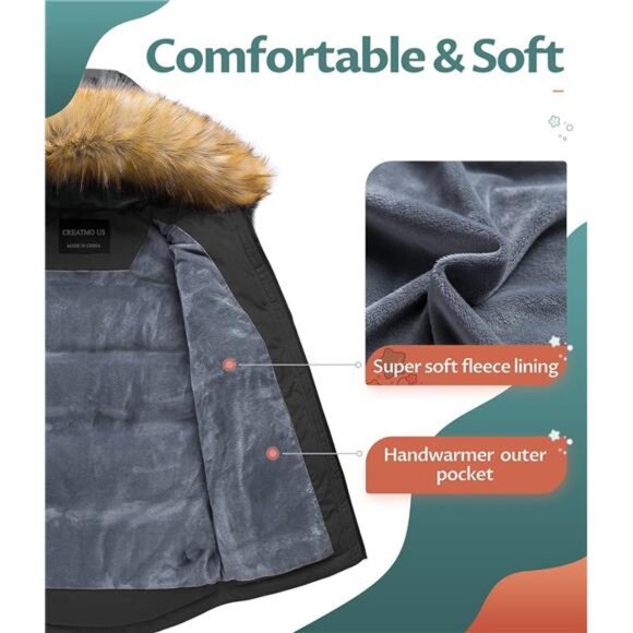 CREATMO US Boy's Winter Parka Water Resistant Hooded Puffer Fleece Lined - Picture 3 of 8